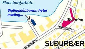Kort Landmat af Suurb og smbtahfninni  Hafnarfiri.  kortinu m sj hvar eigi a mta, smella m a myndina til a fara  heimsu Siglingaklbbsins yts.